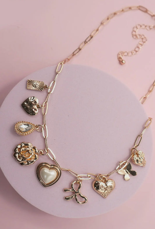 Golden Heart & Bow Charm Necklace