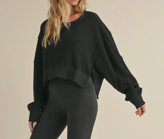 Waffle Knit Sleeve Top - Black