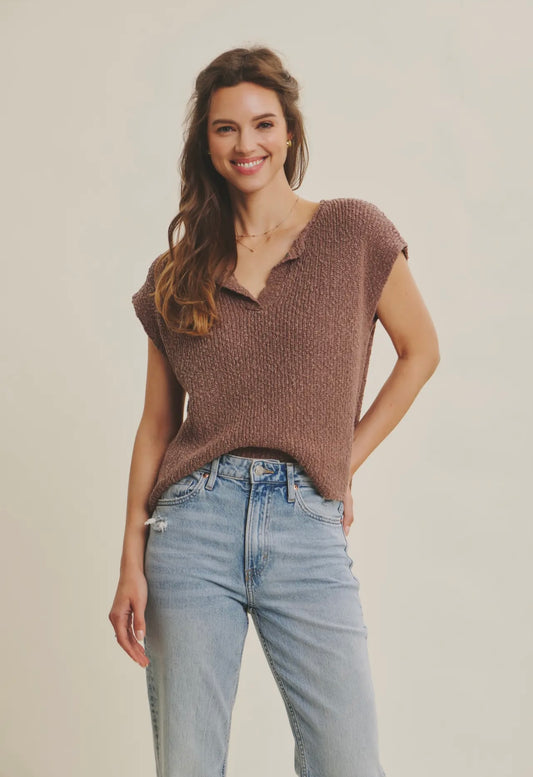Mocha Mousse Slub Knit Sweater Top