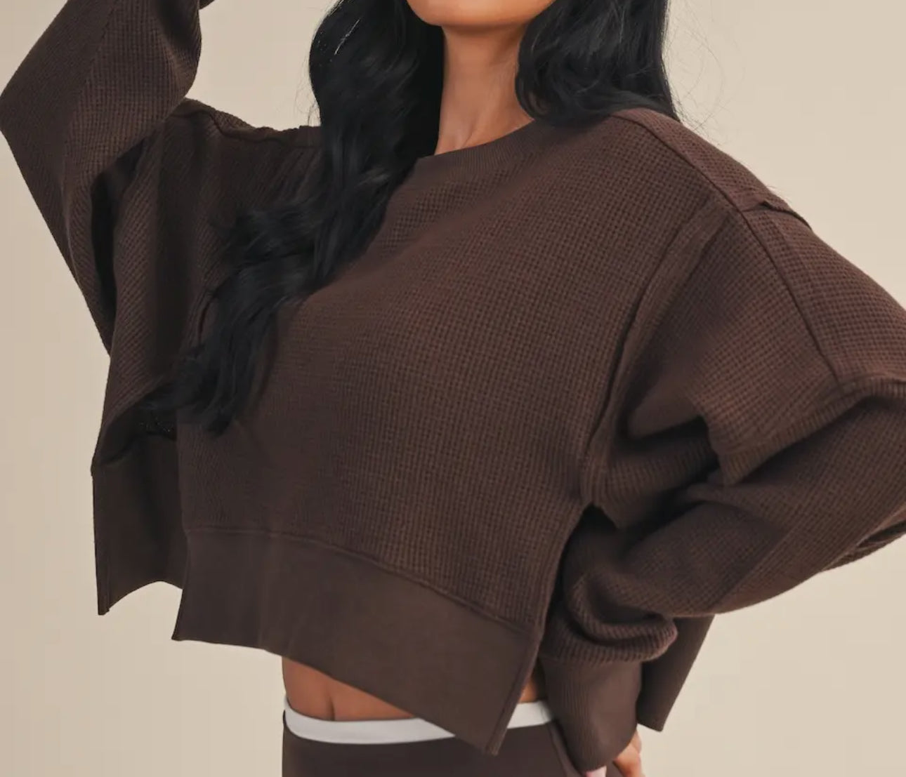 Waffle Knit Sleeve Top - Cocoa