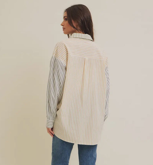 Color Block Mixed Stripe Button Down Shirt