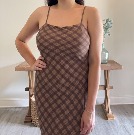 Mocha Plaid Slip Maxi Dress