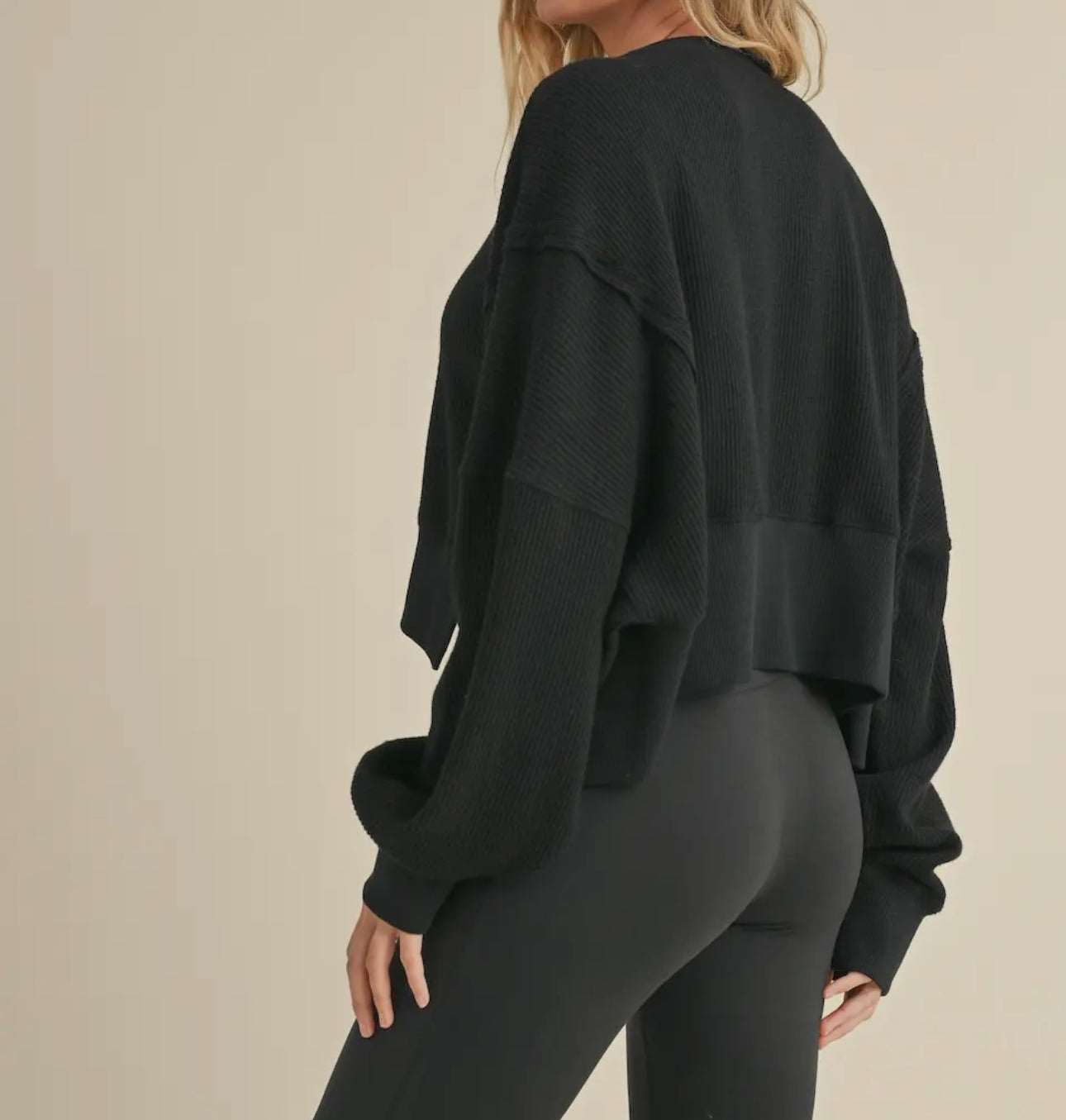 Waffle Knit Sleeve Top - Black