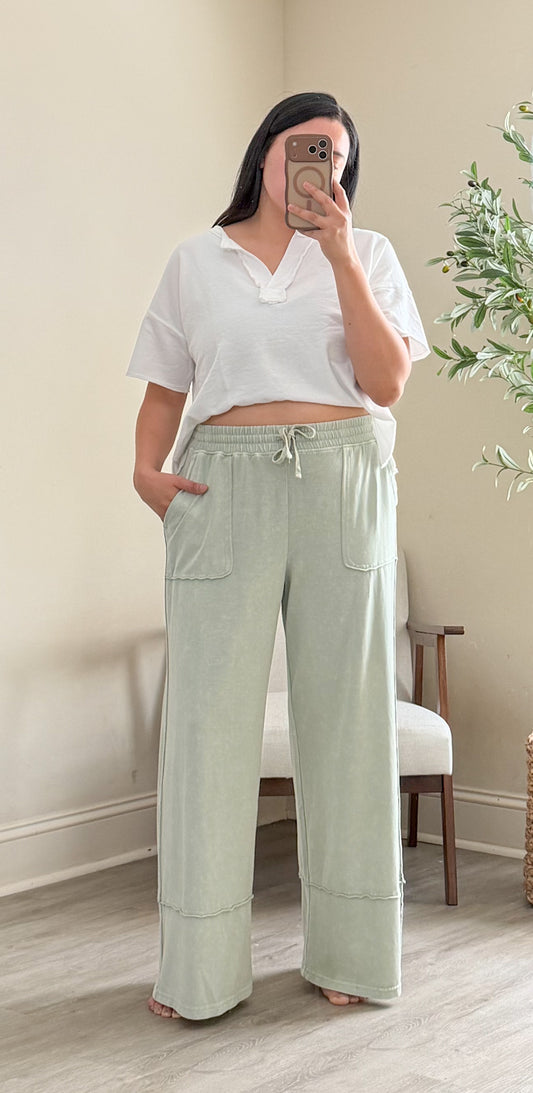 Olive Mineral Wash Wide Leg Pants