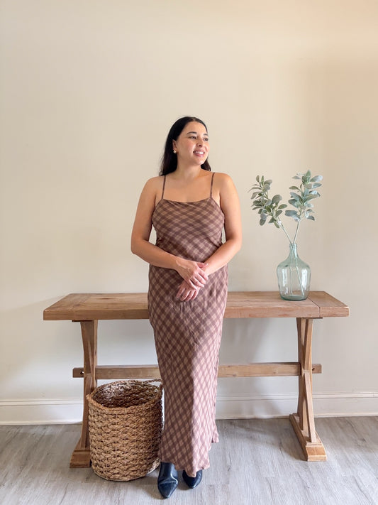 Mocha Plaid Slip Maxi Dress