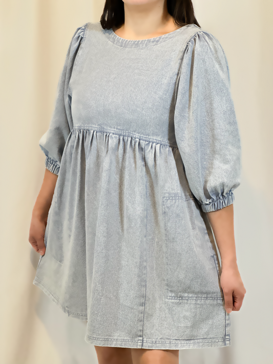 3/4 Sleeve Solid Color Washed Dress